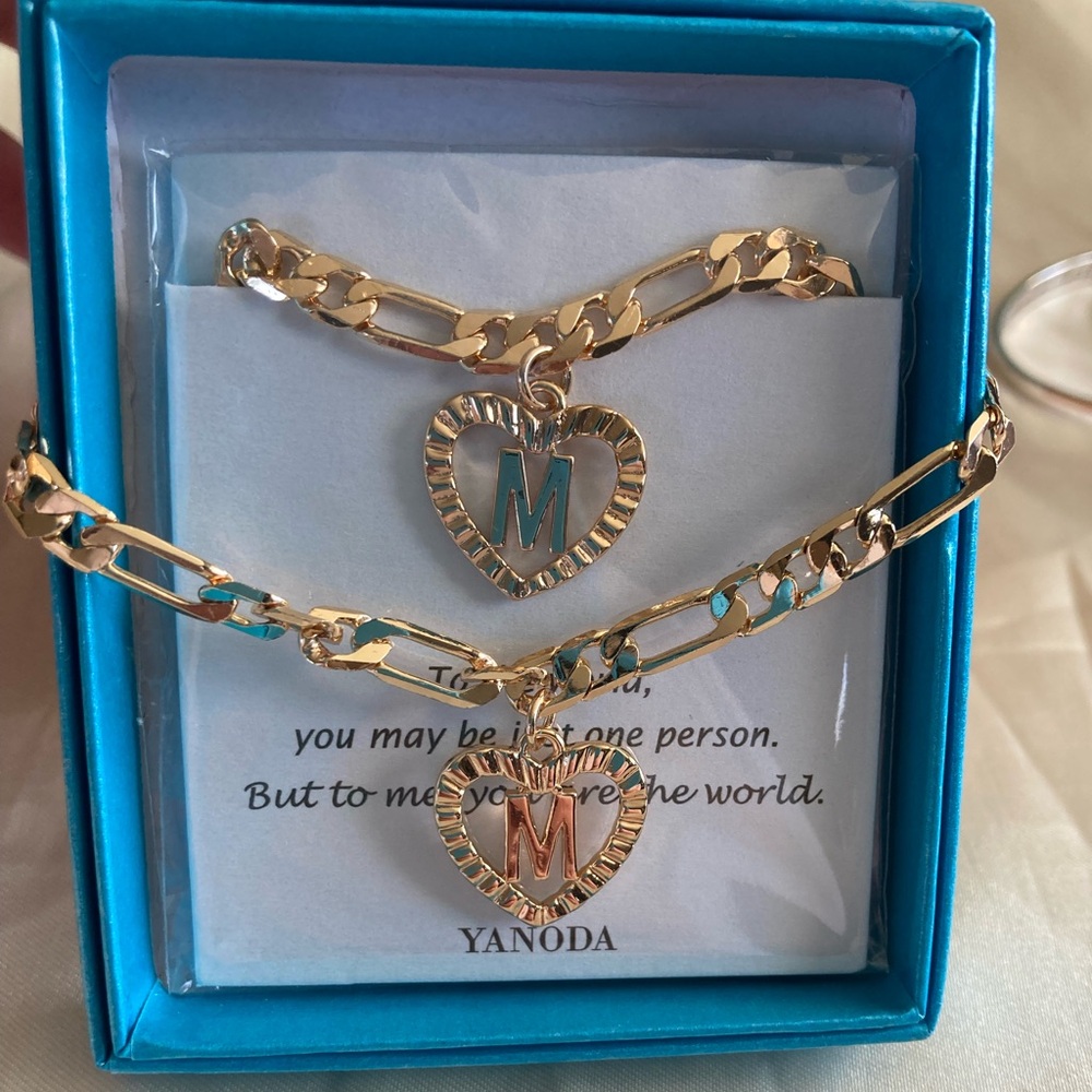 Gold Heart Initial M Necklace - Anklet Set - Mom